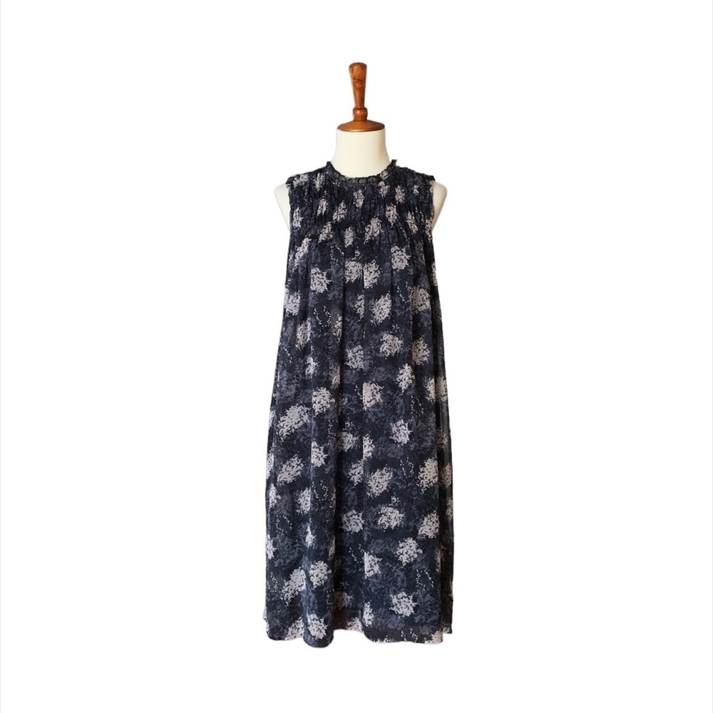 Joie Floral Semi‎ Sheer Smocked Midi Dress Size Medium Navy